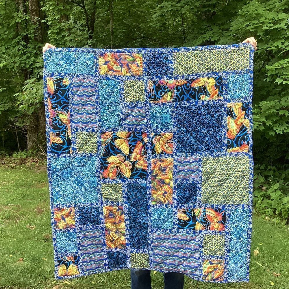 NWT. Hand Crafted Blue Butterflies Lap Quilt